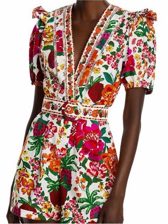 FARM Rio Pants - FARM Rio White Floral Belted V-Neck Romper with Pink Orange Green Accents